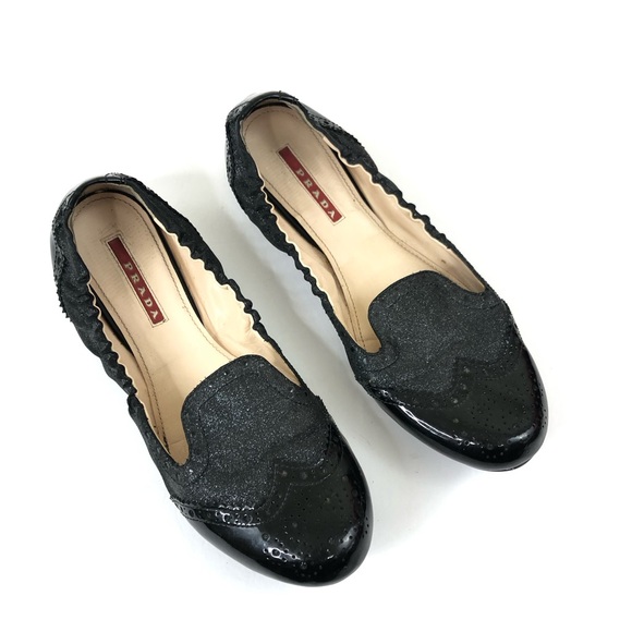 Prada Black Leather Glitter Ballet Flats size 38 - Picture 1 of 13